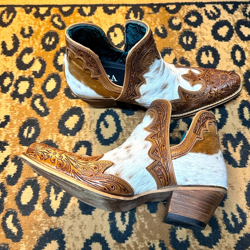 Myra tooled leather and cowhide boots.